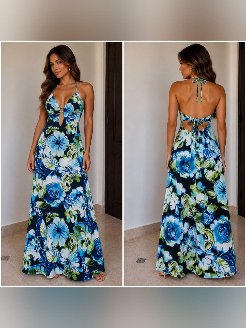 Blue Floral Halter Maxi Dress with Cutout - Women